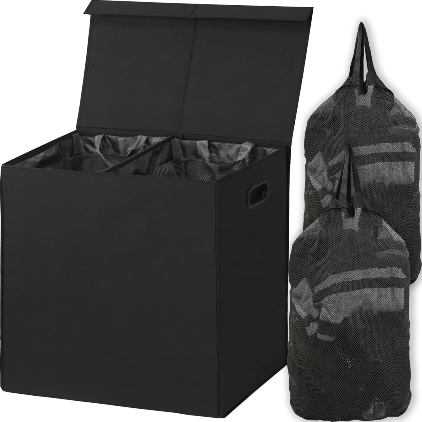 [New Deal]- Double Laundry Hamper with Lid and Removable Bags, Black