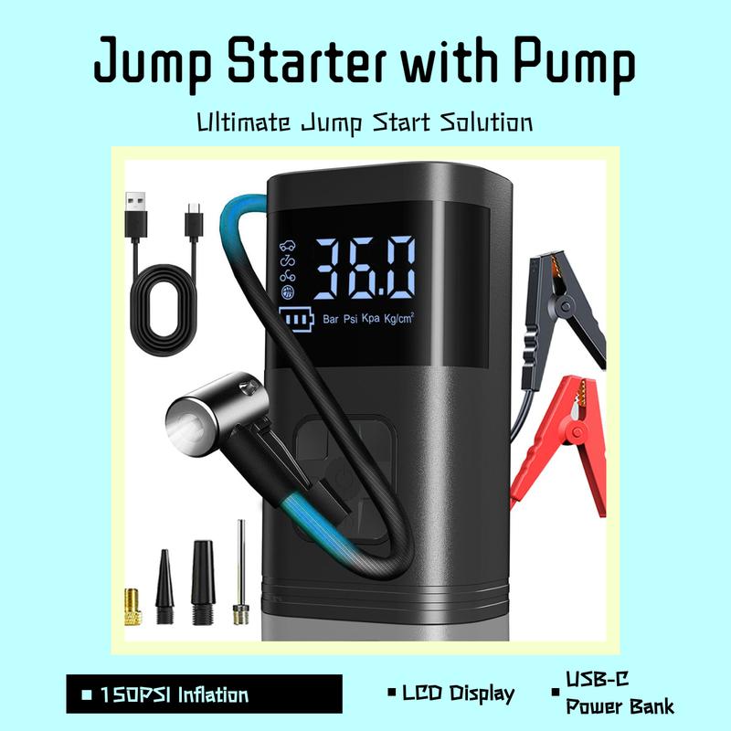 High Power Car Jump Starter with Air Compressor, 150PSI Tire Inflator, Fits All Gas & Up to 8.0L Diesel Engines