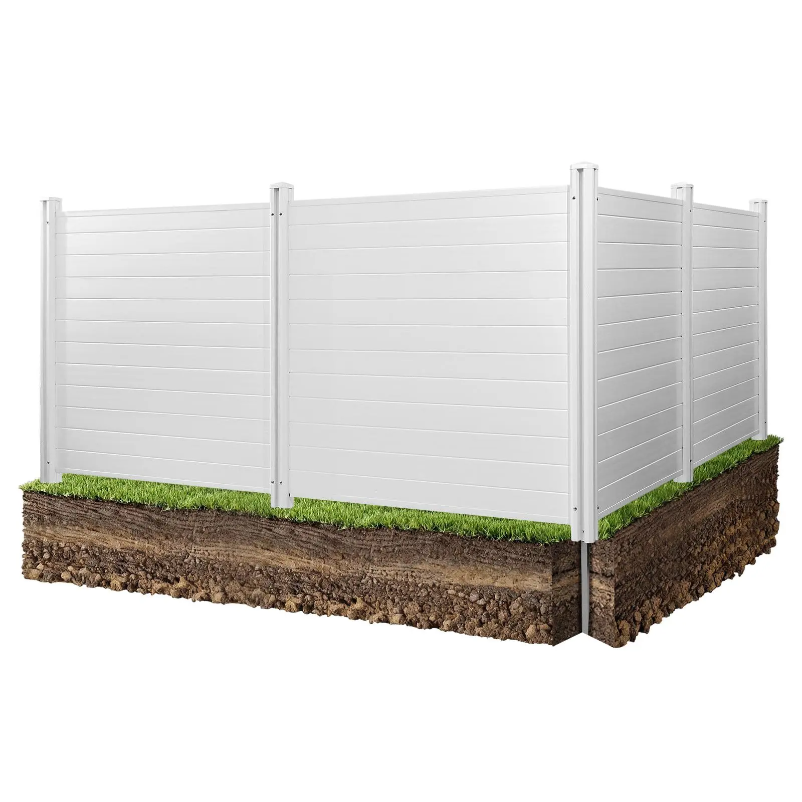 VEVOR 4-Panel Outdoor Privacy Screen, 50x50in Horizontal Vinyl Fence, 27.6in Metal Ground Stakes, Backyard Privacy Enclosure, Reinforced Wind-Resistant Structure, Enhanced Stability, Concealing Outdoor Items, Security Details, White