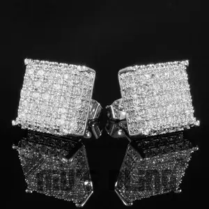 Trendy  Gold / Silver Color Bling Out Iced AAA Three-dimensional Zirconia Micropave Square Hip Hop Stud Earrings