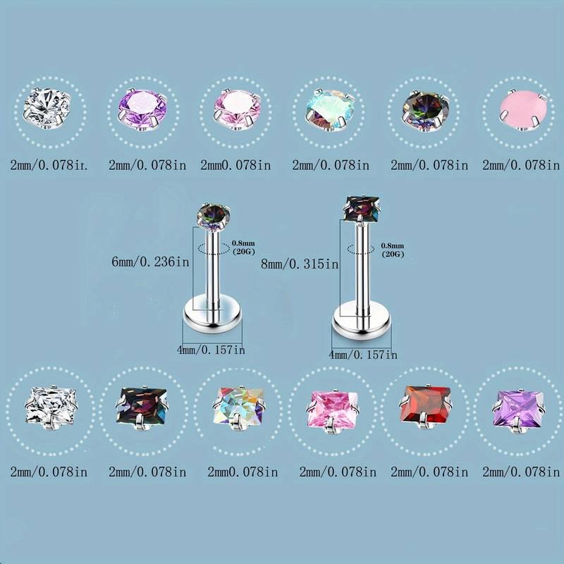 2D Flat - 25pcs Stainless Steel Body Piercing Jewelry Set | Taper Ball Grabber Tool, Charm Ear Studs, Nose Studs, Multi-Color, Synthetic Cubic Zirconia Earrings, 14G 16G 18G 20G, Flat Back Earring Applicator Tool