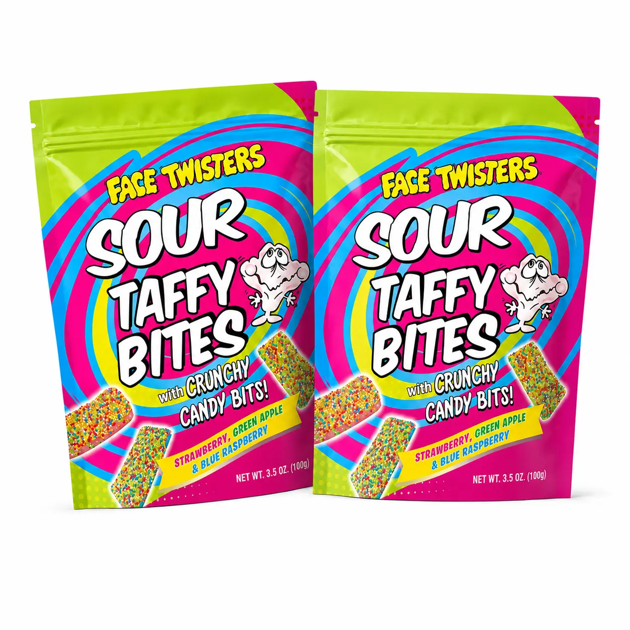 Face Twisters Sour Taffy Bites 3.5oz Bag (Pack of 2) - Taffy With Crunchy Candy Bits - Blue Raspberry, Green Apple & Strawberry Assorted Bites