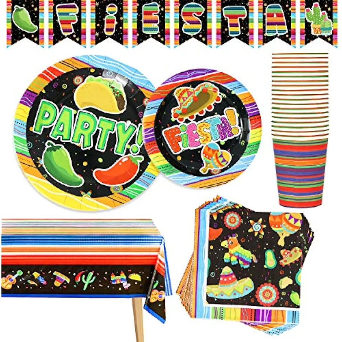 82 PCS Mexican Party Decorations Set Supplies Disposable Including Plates, Cups, Napkins, Tablecloth and Banner for Baby Shower Decorations Favors, Cinco de Mayo Fiesta Theme Birthday Party