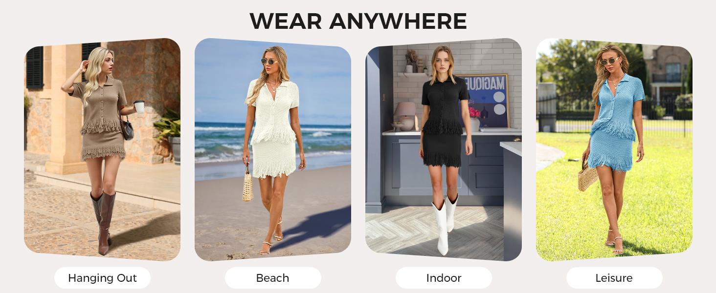 Fisoew Womens 2 Piece Crochet Outfits Short Sleeve Button Knit Sweater Tops Fringe Skirt Summer Vacation Sets Beach Cover Ups Fisoew Womens 2 Piece Crochet Outfits Short Sleeve Button Knit Sweater Tops Fringe Skirt Summer Vacation Sets Beach Cover Ups