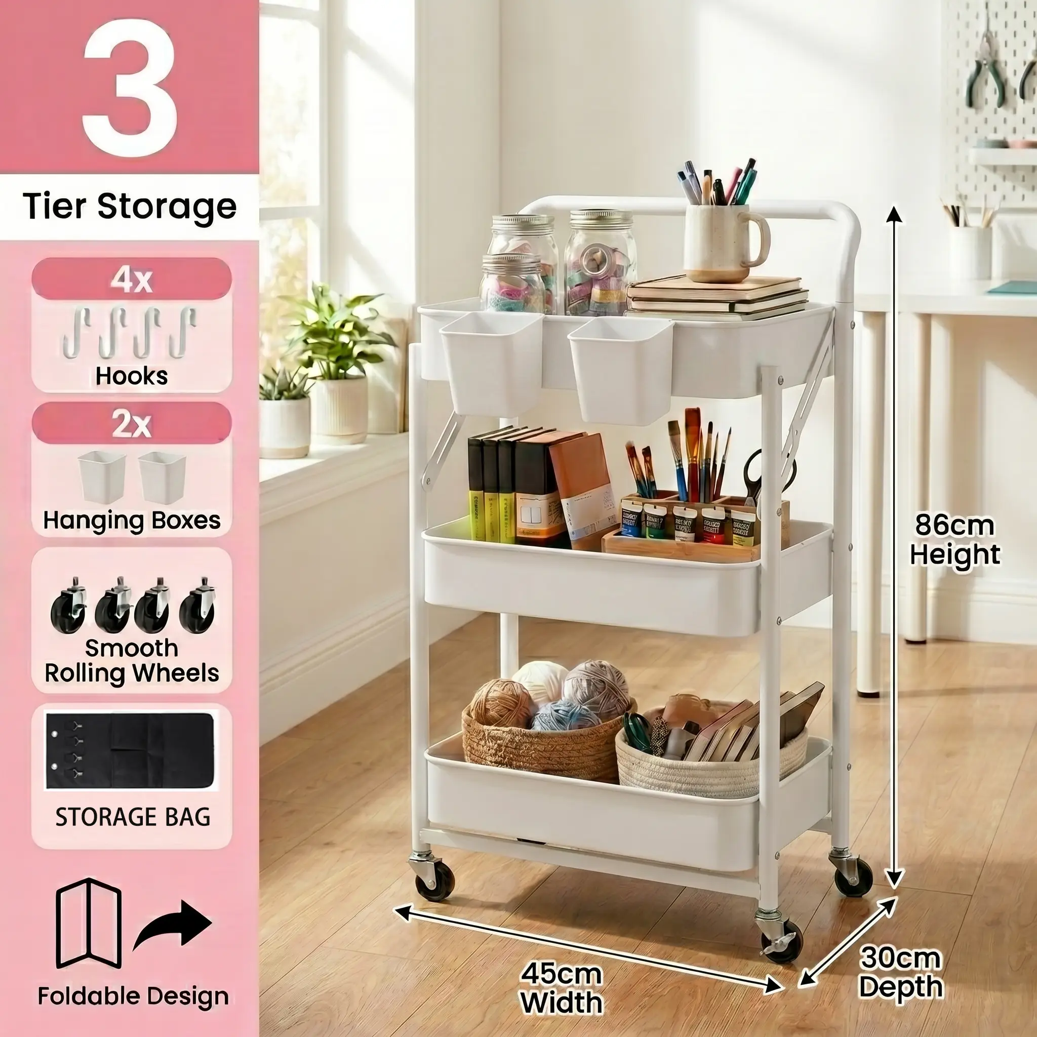【TikTokShopSummerSale】3-Tier Foldable Storage Cart with Wheels, No Installation Rolling Utility Organizer for Kitchen Bathroom Bedroom, Space Saving Slim Rolling Storage Rack, Includes Side Hanging Bag, Hooks & Storage Bins, Black/White/Pink,Home Refresh