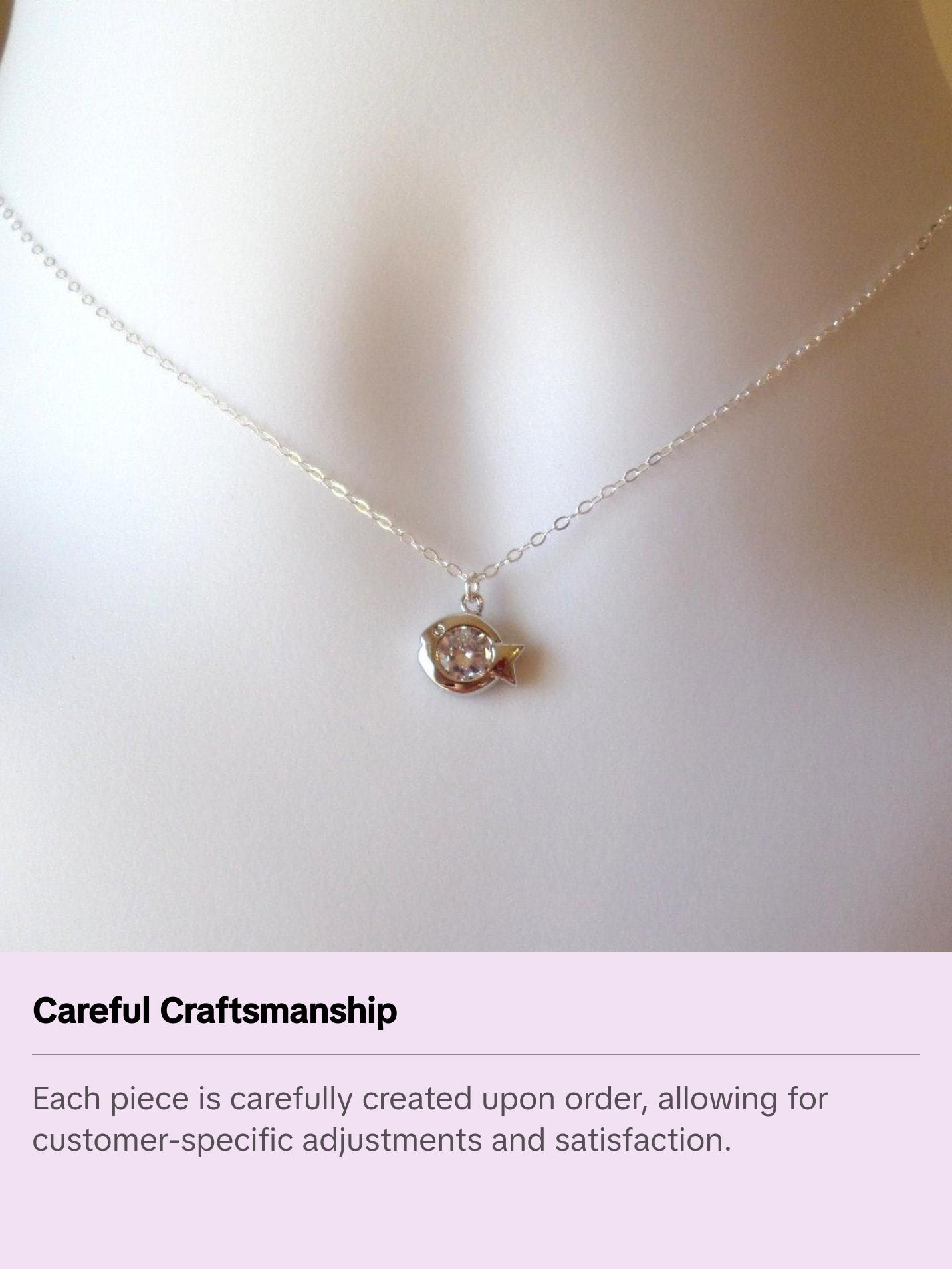 Sterling Silver and Rhodium Plated Fish Necklace - Tiny Silver 3d Fish with Cubic Necklace, Geometric Necklace, Christmas Gift