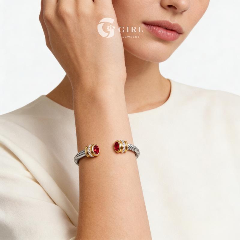 GGIRL Birthstone Stainless Steel Twisted Cable Cuff Bracelet For Men Womens, Multi-Color Cubic Zirconia 60mm Diameter  Fashion Jewelry Gift for Holiday Haul Christmas Birthdays Anniversaries