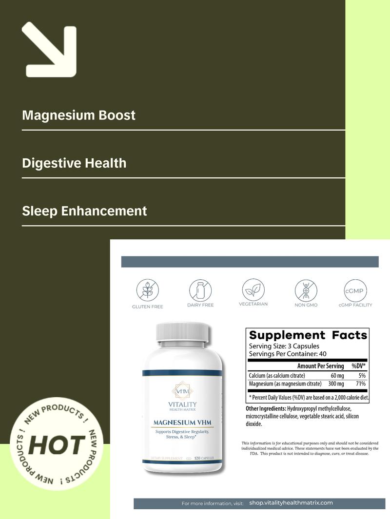 Magnesium VHM - 120 Capsules for Digestive Regularity Stress & Sleep Support - US Healthcare Supplement