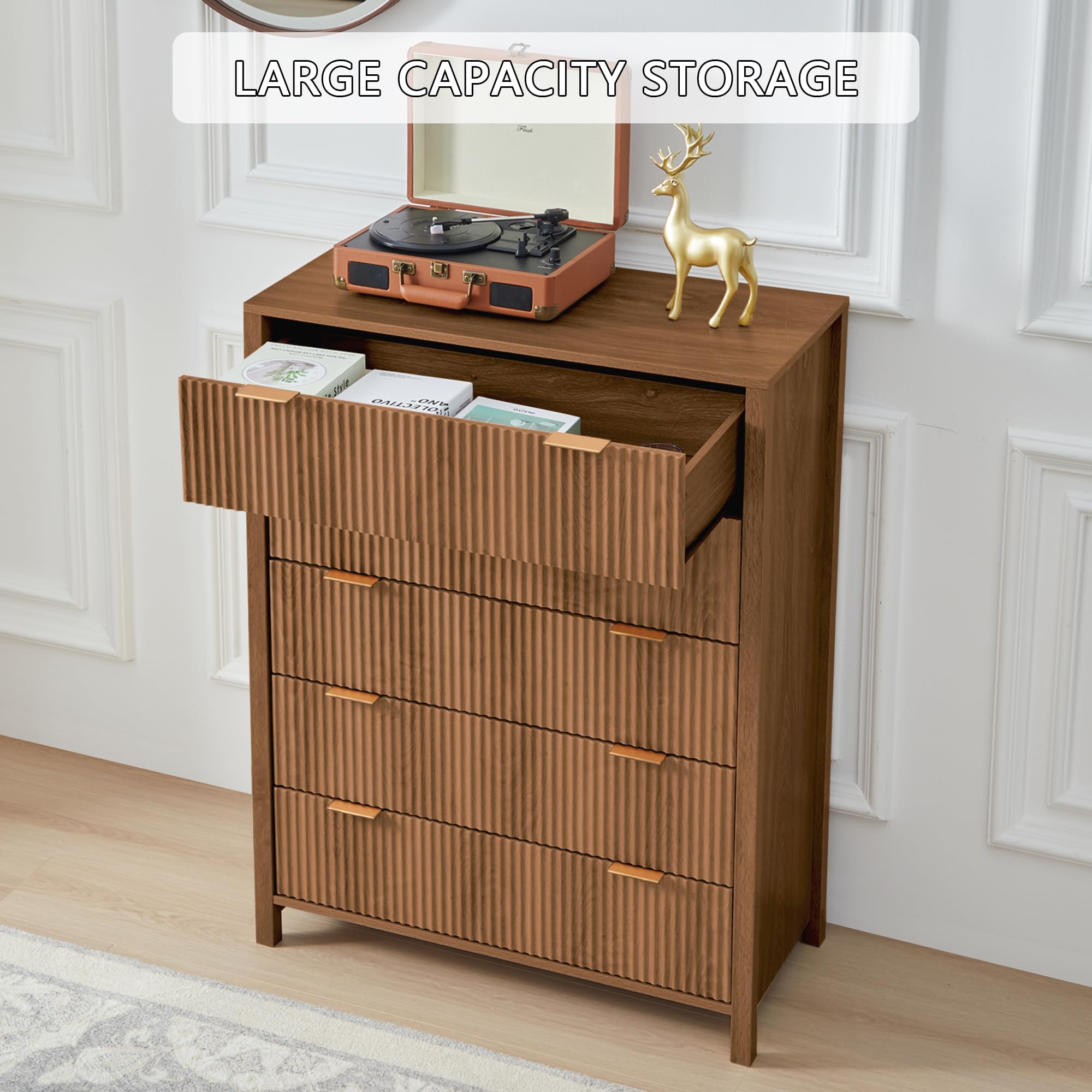 Giratree 4 5 Drawer Dressers for Bedroom, Modern Closet Chest of Drawers with Waveform Fluted Panel, Large Wood Storage Dresser Organizer for Nursery Bedroom Living Room Hallway Closet