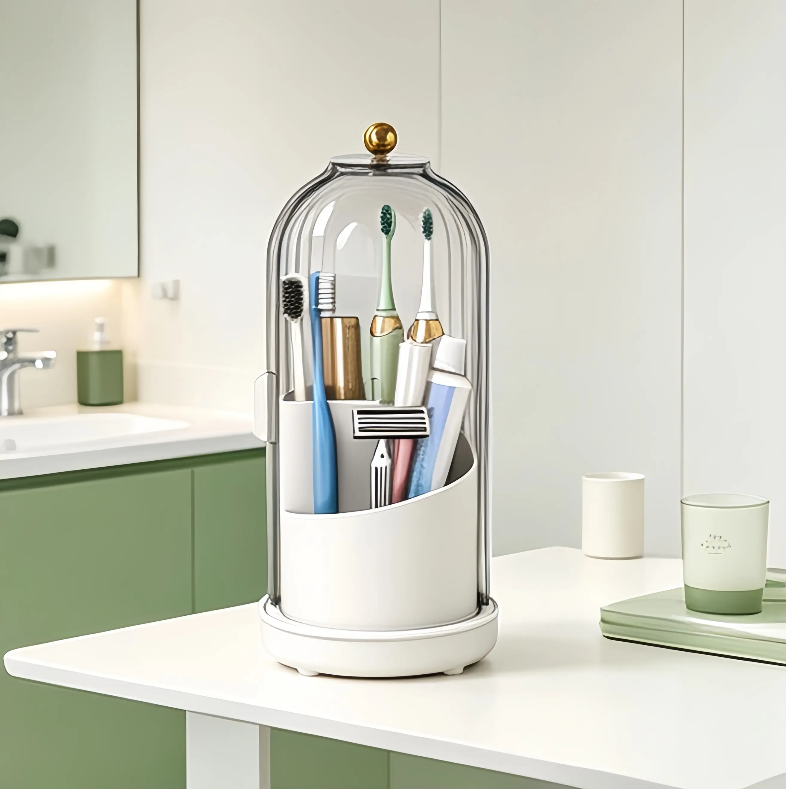 Smoke Gray Dome Dust Cover Rotating Toothbrush Holder, Multi-Grid Bathroom Vanity Organizer for Electric Toothbrushes, Toothpaste & Razors, Waterproof Dustproof Countertop Toiletry Storage Caddy