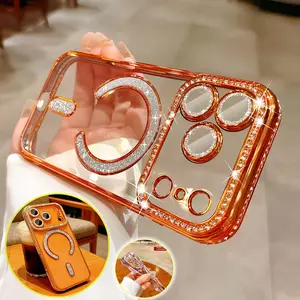 Luxury Transparent Magsafe Wireless Charging Case For iPhone 17 Pro Max 11 12 13 14 15 16 Pro Max Plus 17Air Magnetic Soft TPU Slim Shockproof Cover Protection Glitter Bling Sparkly Diamonds Rhinestone Camera Protector Women Girls Case