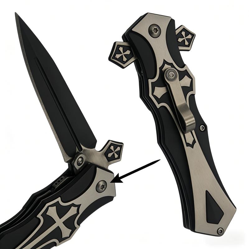 Cross Folding Knife / Black Pocket Knife / Everyday Carry Outdoor Knife