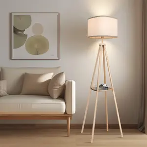 Quadrupod Floor Lamp with Shelf, Natural Wood Standing Lamp with Linen Drum Shade, Modern Farmhouse Floor Light for Living Room, Bedroom, and Reading Nook.