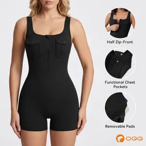 OQQ Women's Half-Zip Romper Sleeveless Jumpsuits with Pockets for Women Fashion Trendy Lightweight Soft Basic Shorts Minimalist Casual Outfits
