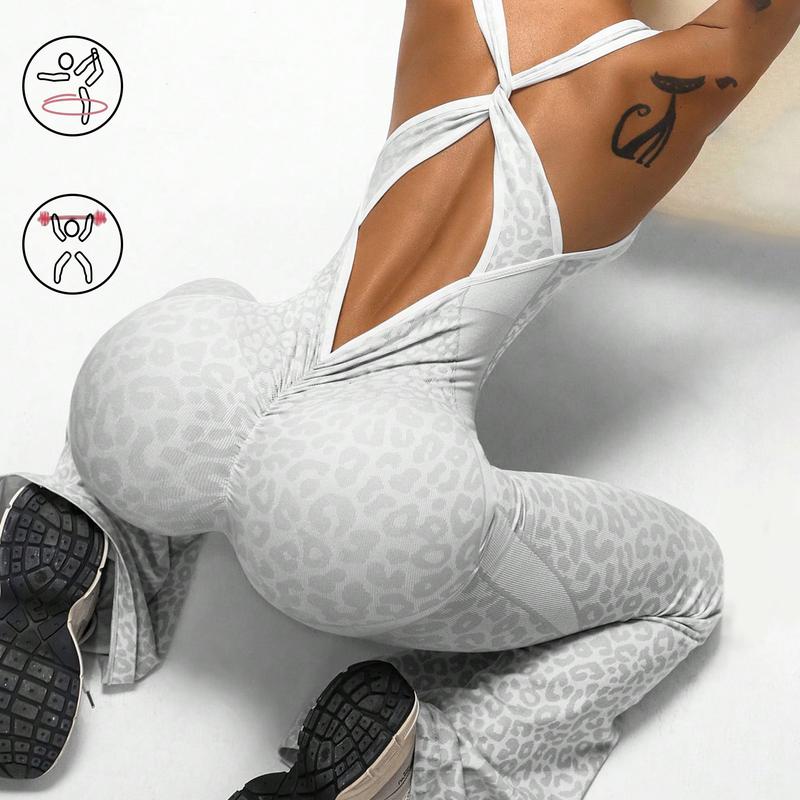 Women’s Leopard Print High-Waist Jumpsuit, Sexy Hollow-Out Criss-Cross Back Design, Fitness Wear, Backless Jumpsuit, Trendy Activewear, Women’s Slim-Fit Sports Suit, Flared Pants, Yoga Set Workout Bodysuit