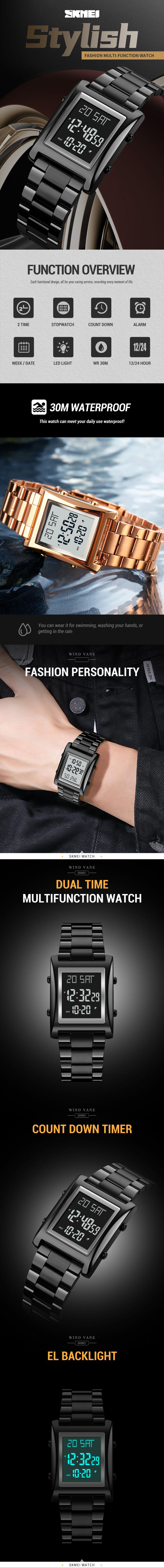 SKMEI Square Digital Watch Gold Stainless Steel Strap Classic Elegant Modern Trendy Multi-functional 3ATM Waterproof LED Backlight Dual Time Zone Stopwatch Countdown Timer Alarm Clock Date Display