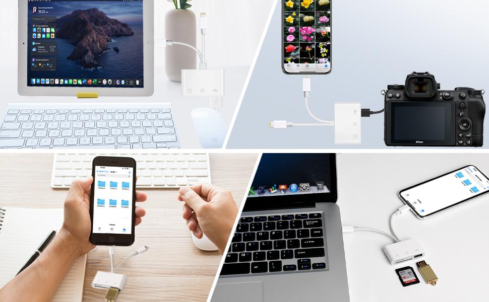 SD Card Reader for iPhone/Android Dedicated SD Card Viewer for Digital Tracking Cameras Built-in Dual Interface iOS and USB-C Card Reader Equipped with USB-A/SD/MicroSD Triple Card Slots Plug-and-Play Operation Without Applications