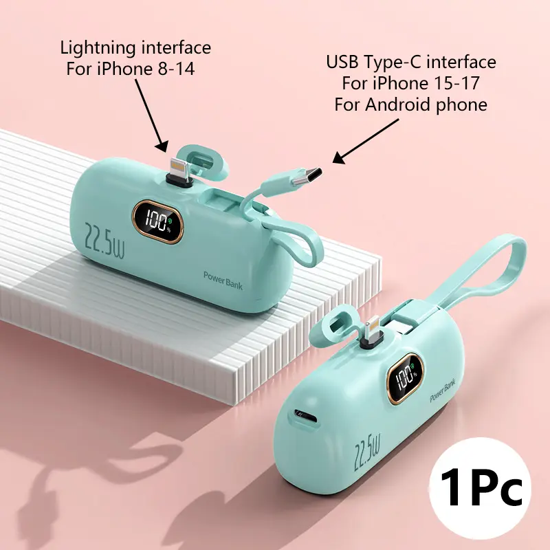 2026 New Pocket-Sized 5000mAh Mini Emergency Phone Power Bank, 22.5W High-Speed Fast Charge Portable Charger, Built-in Cable, Digital Power Indicator, Lightweight Travel Backup Battery, Compact Portable Charger, Fast Charging Powerbank