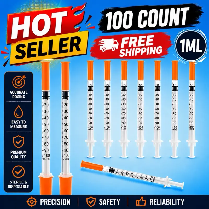 100 COUNT 1ML Syringe Insulin Dispensing Tool, W/ NEEDLE 31 G, 5/16'' 8mm, 1ml, Single-Use, Sterilized, Non-Bacterial, Non-Toxic, Disposable