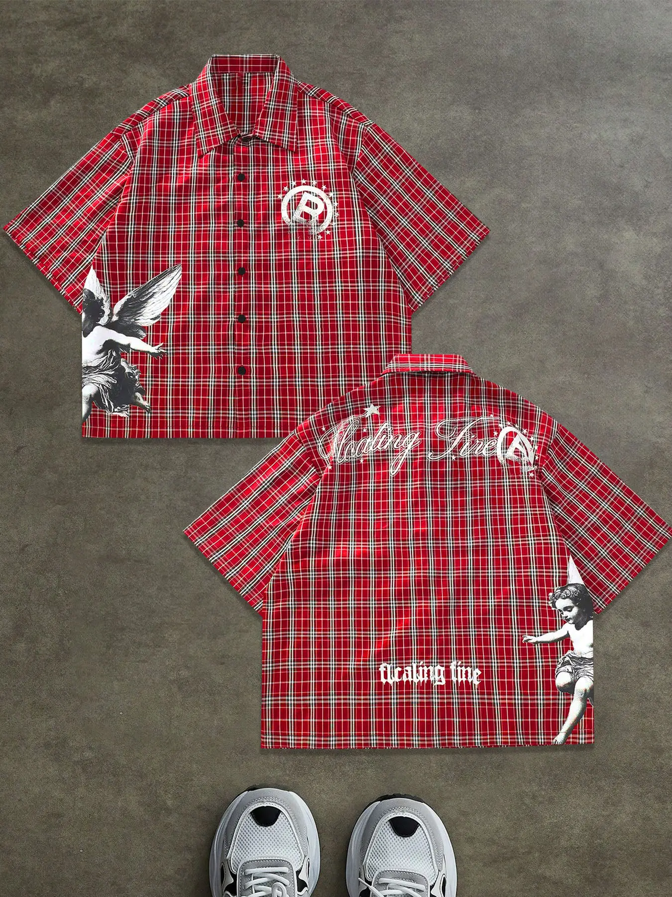 Retro Plaid & Letter Print Short Sleeve Shirt, Loose-Fitting Woven Top for All Seasons, Vintage Style Button Up Front Shirt, Casual Comfy Shirt