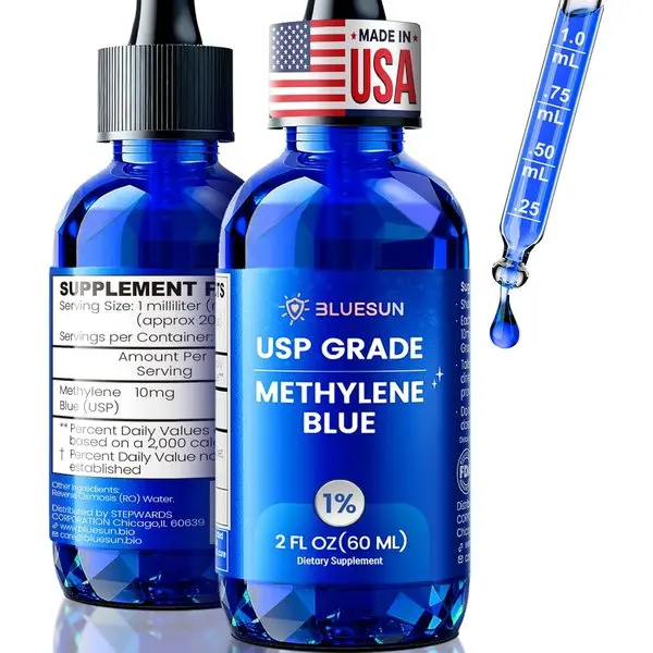 Methylene Blue Drops 1% Pharmaceutical Grade - Made in USA, Formaldehyde-Free, Third-Party Tested, USP Purity 99.99%, GMO-Free, Alcohol-Free - 2 Fl Oz (60mL) in Amber Glass, 10mg/mL