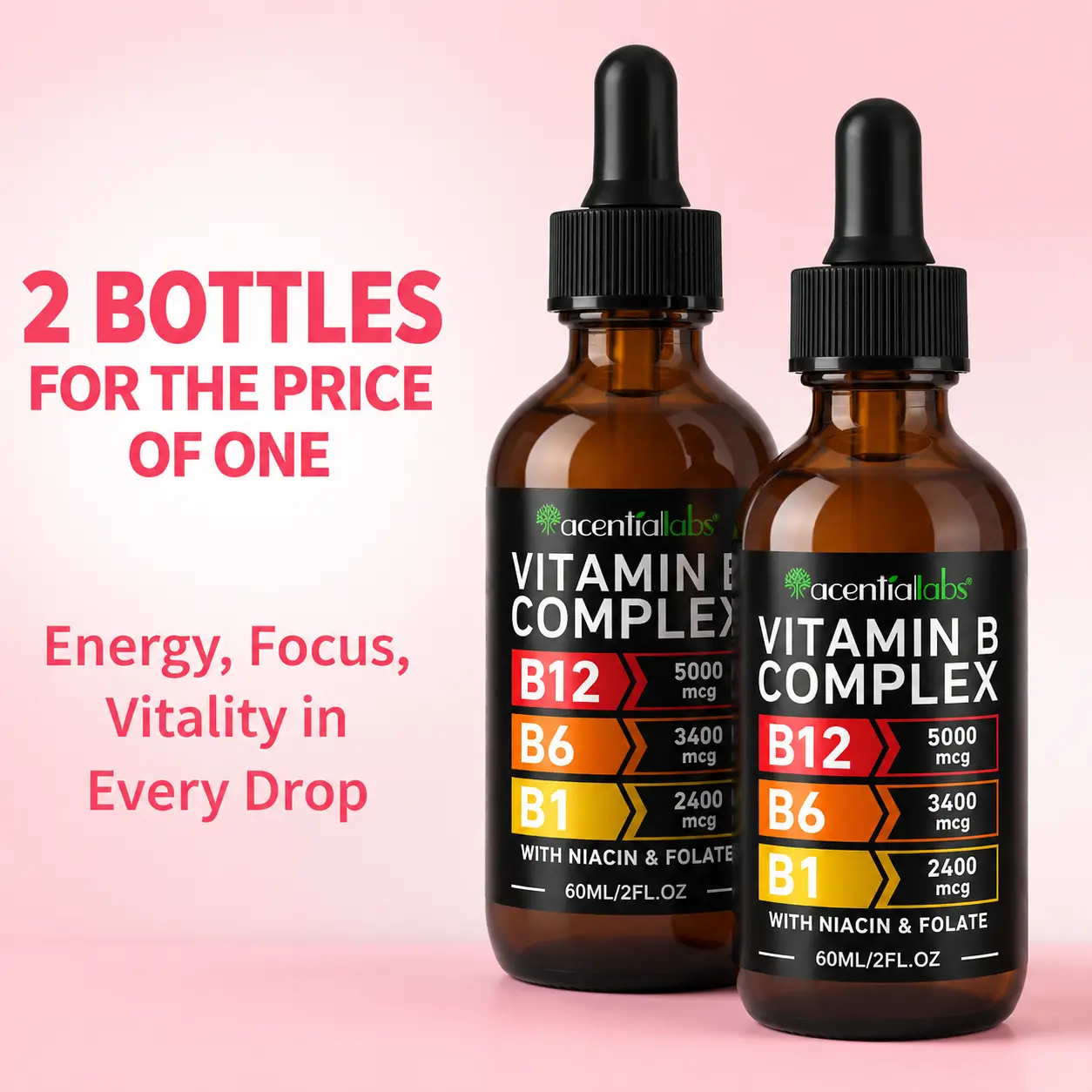 2 Pack Vitamin B12 Liquid Supplement Drops B6 B1 Niacin Folate Energy Support Daily Vitality Gluten Free 4 Fl Oz Fitness Dietary