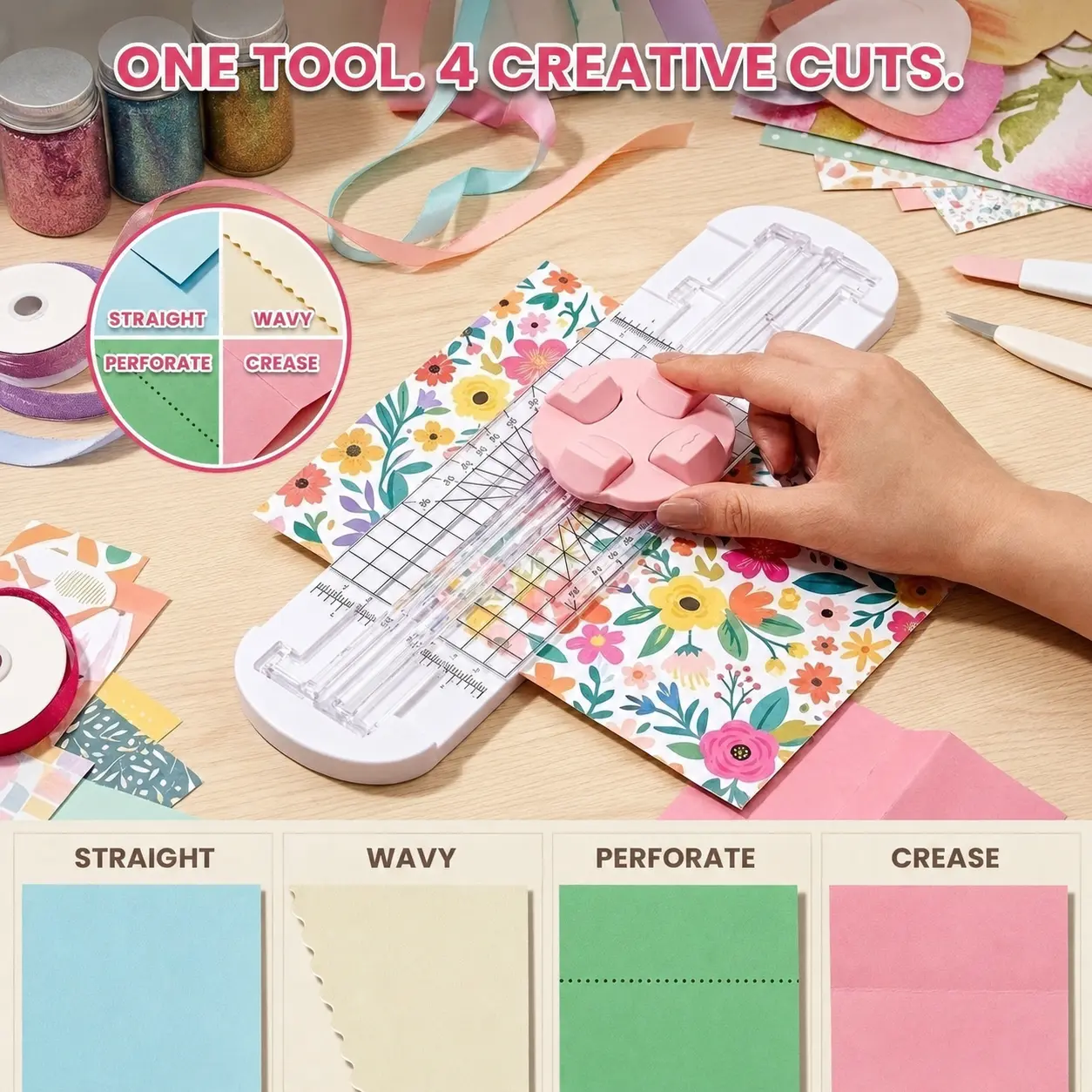 4-in-1 Paper Trimmer Scorer & Craft Cutter for Scrapbooking, Creative Paper Cutter with Straight Wavy Perforate Score Modes, Precision Ruler Guide for Card Making DIY Craft Tool