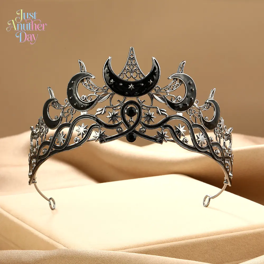Gothic Moon-Star Rhinestone Crown, Funky Unique Accessories, Unisex Halloween Costume Headpiece for Witch Role Play Party Decoration