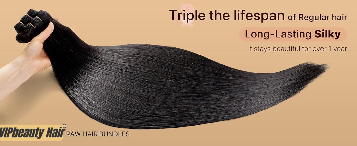VIPbeauty Raw Bundles Human Hair Straight, No Tangle Shedding, Keep Texture Silky Soft After Multiple Washes, 16A Raw Indian Hair Bundles , Triple Lifespan 3X