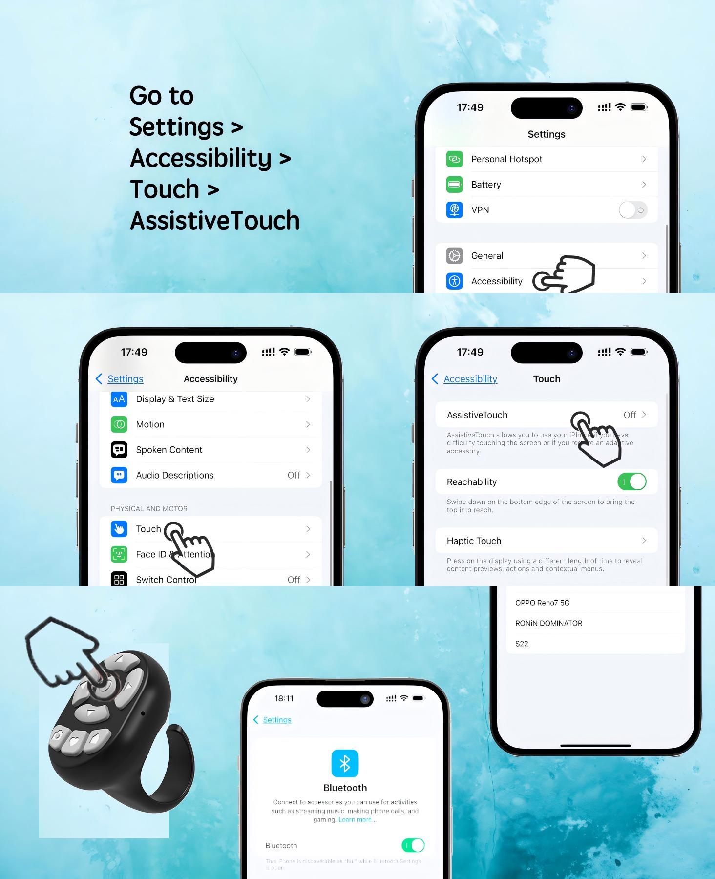 Bluetooth Remote Scrolling Ring for iPhone Hands-Free Liking Page Turn Volume Adjust Take Photos Without Touching Phone Screen Wireless Auto Clicker