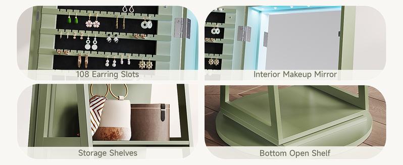 【Valentine's Day Gift & Full-Length LED Mirror】ONBRILL Gorgeous Lockable 360° Swivel Jewelry Cabinet with Light,Jewelry Organizer Armoire Standing with Interior Mirror&Storage Shelve for Cloakroom LivingRoom Bedroom Furniture