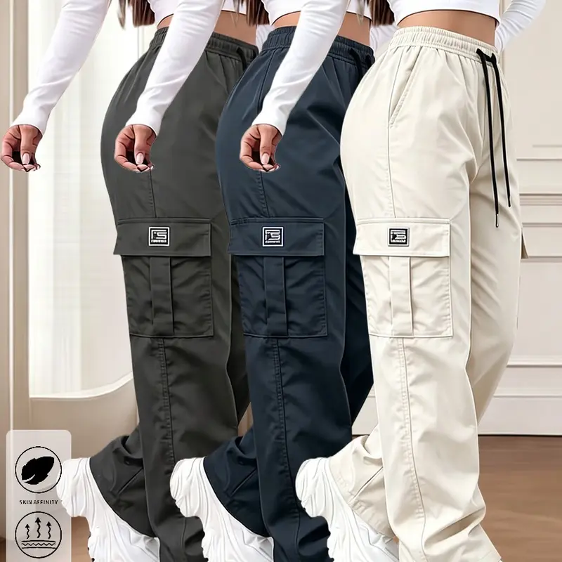 Clean Gent 3-pack women’s solid-color cargo pants with pockets, adjustable drawstring waist, loose fit—street-style casual bottoms for everyday wear, versatile wide-leg design for spring and autumn.