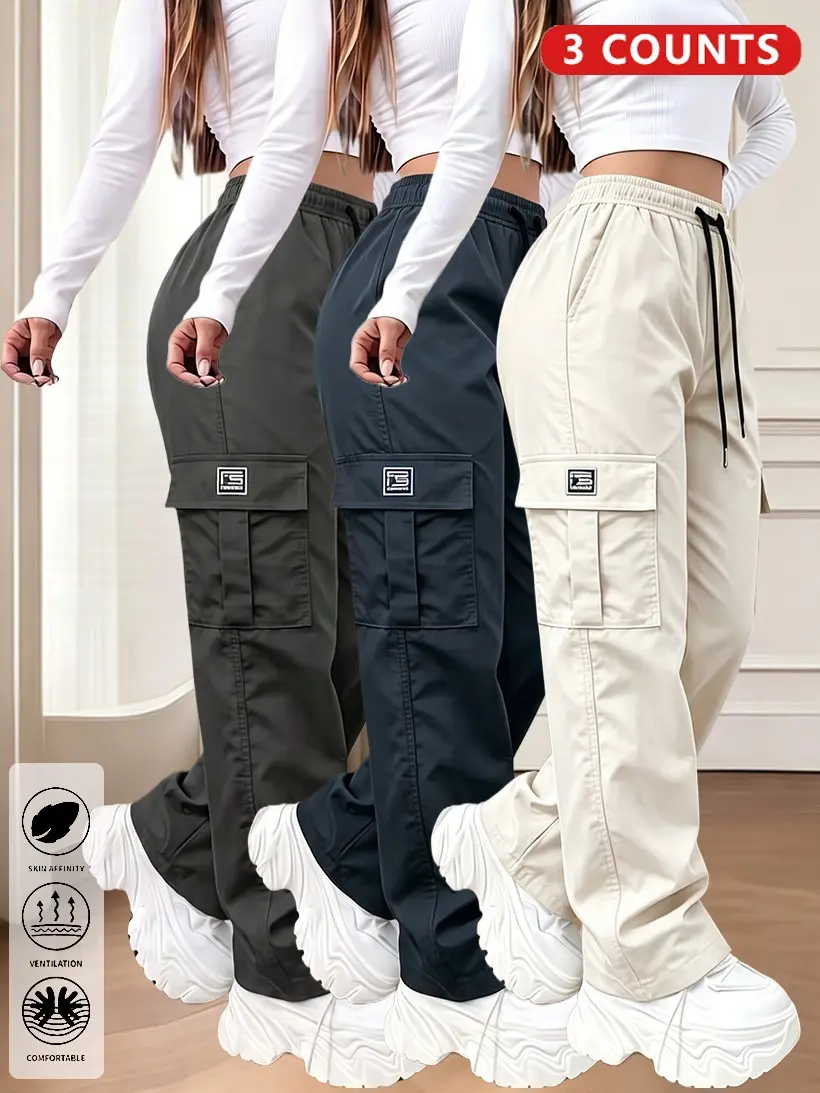 Clean Gent 3-pack women’s solid-color cargo pants with pockets, adjustable drawstring waist, loose fit—street-style casual bottoms for everyday wear, versatile wide-leg design for spring and autumn.