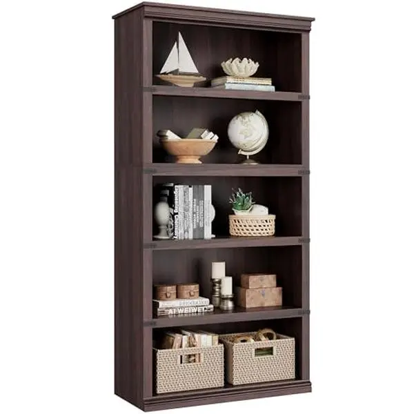 Solid Dark Cherry Solid Wood Bookcase - Sturdy, Stable Country-Style, 5 Shelves, 171cm High, 80cm Wide, Iron-Enhanced Storage, 159kg Capacity Open Freestanding Shelf for Heavy Books in Living Room, Bedroom - Assembly Required
