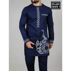 2 Pcs/Set Plus Size Men's Digital Printed Blue Dashiki Set, Long Sleeve, Round Neck, Elastic Waist Pants, African Fashion, Men's Casual Shirt & Pants Set, Party, Date, Wedding