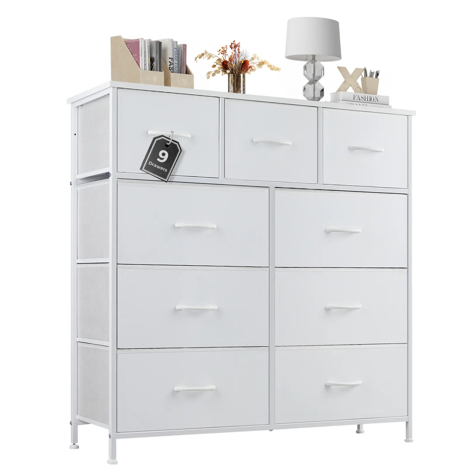 【Deal】Modern Large Capacity 9-Drawer Dresser with Smooth Gliding Compartments, Steel Frame, Wood Top - Easy Access Drawer Compartments Cabinets, Closet Organization Furniture for Bedroom