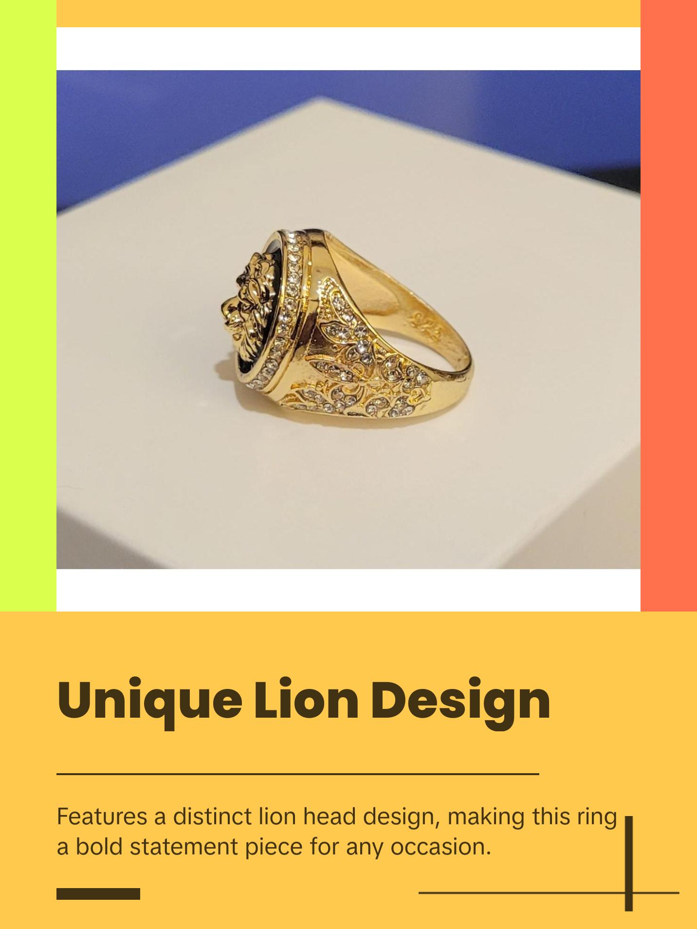 925 Sterling Silver Anillo Lion Head Gold Plated Men's Ring