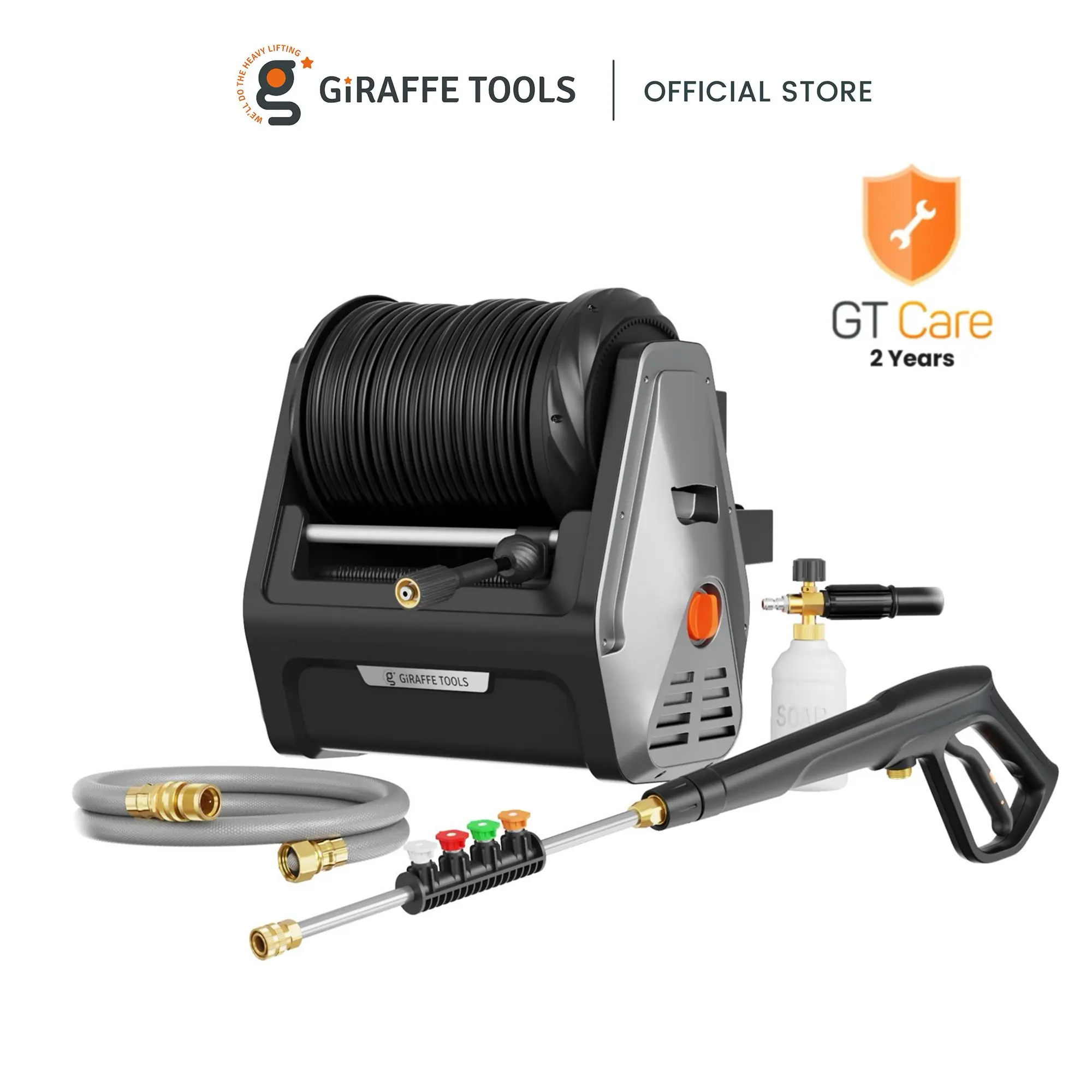 [BackToSchool] Giraffe Tools Grandfalls Wall-mounted Retractable Pressure Washer Pro 2900PSI 2.2 GPM for Detailing, 2X Lower Noise, 100ft replaceable Ultra-Soft Hose can be Removed, Eco-Friendly Reuse, 5 Nozzles, Ready-To-Use Design, 2 years warranty