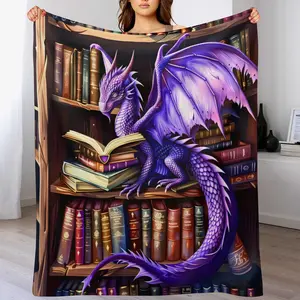1Pc Purple Dragon & Books Design Flannel Blanket - Soft All-Season Cozy Throw, Machine Washable Contemporary Fantasy Decor For Book Lovers, Christmas Gift, Book Lover Gifts, Mythical Theme Decor, Comfortable Bedding