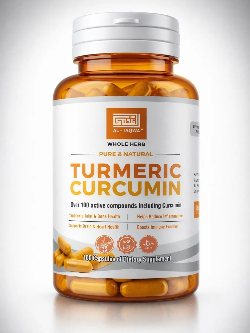 Al Taqwa Turmeric Curcumin Halal Natural Herbal Capsules, 100-Capsules Gluten Free Supplement, Pure Herb Blend with 100+ Active Compounds