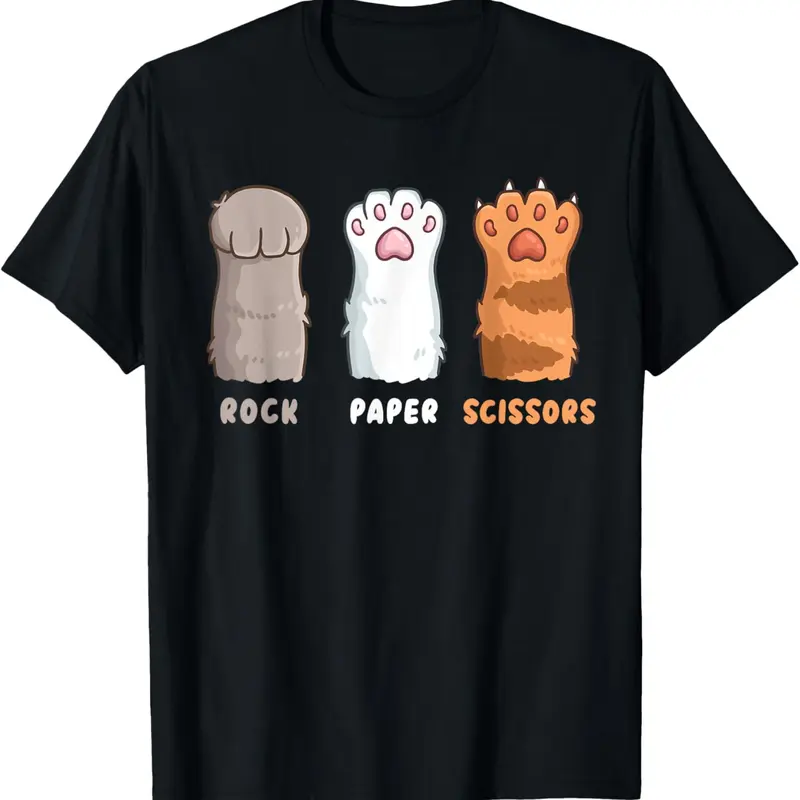 Men's Retro Short-Sleeve Paw Graphic T-Shirt - Rock/Paper/Scissors Kitty Game Theme, Vintage Menswear Top