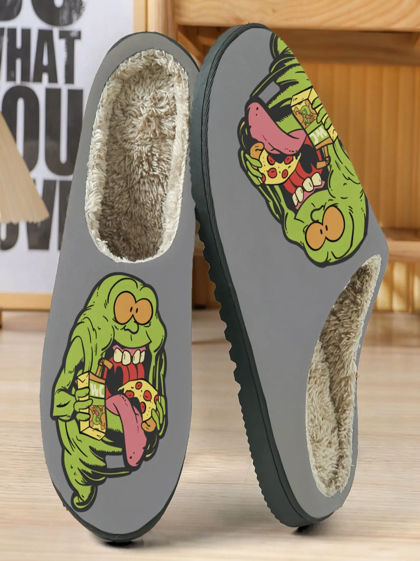 Vintage Anime Cotton Slippers with Ghost Pizza Print, Fleece Lined Warm, Casual Home Shoes for Fall & Winter