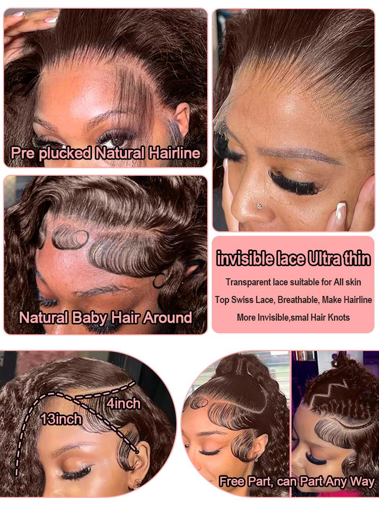 Chocolate Brown 13X4 13X6 Lace Front Wigs Brazilian Human Hair Wig Pre Plucked Deep Wave Lace Front Colored Human Hair Wig Hd Lace Frontal Wigs For Women 180 Density 30 32 Inch