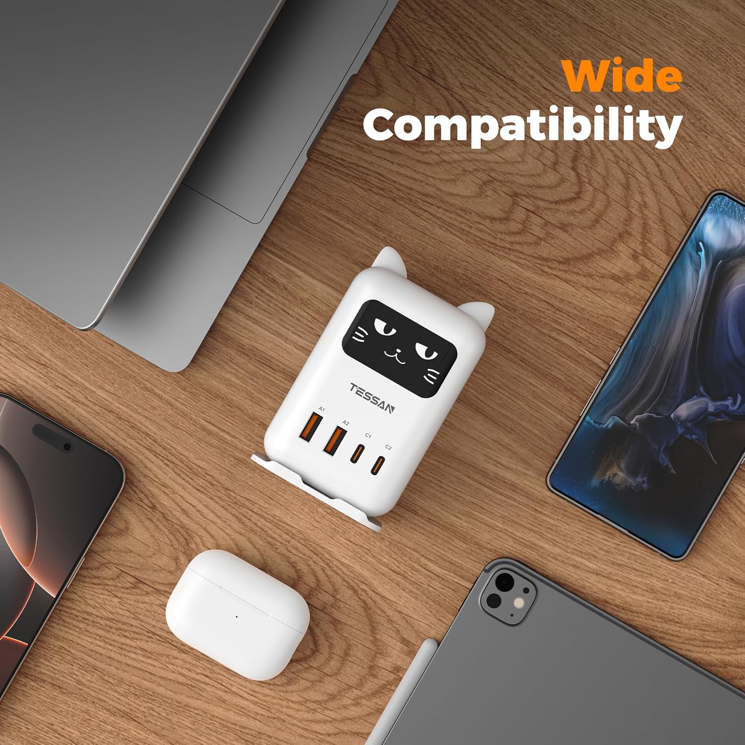 Tessan PD 65W Lucky Cat USB Charging Station for Multiple Devices, Desktop Tower Cat-Shaped Charging Companion with 4 USB Ports for Smartphones, Tablets, Pads and Other Electronic Devices in Office Home Dormroom