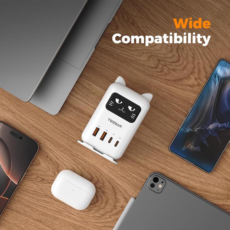 Tessan PD 65W Lucky Cat USB Charging Station for Multiple Devices, Desktop Tower Cat-Shaped Charging Companion with 4 USB Ports for Smartphones, Tablets, Pads and Other Electronic Devices in Office Home Dormroom