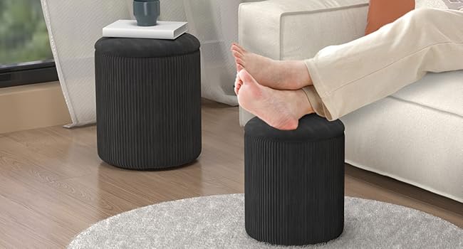 Round Ottoman Vanity Stool with Storage Set of 2, Beige Velvet Round Ottoman with Storage, Multifunctional Round Storage Ottoman Foot Rest, Storage Ottoman Round with Storage for Living Room