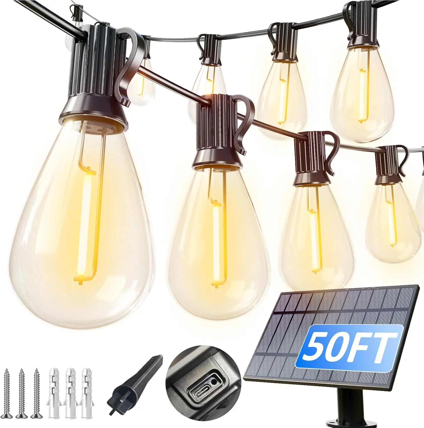50FT Glowing LED Outdoor Waterproof Solar String Lights - 19 Shatterproof Commercial Grade Bulbs, 20+Hrs Long-Lasting USB Solar-Powered Lights for Backyard, Garden Decor, Solar Power Outdoor, Ambient Light Outdoor