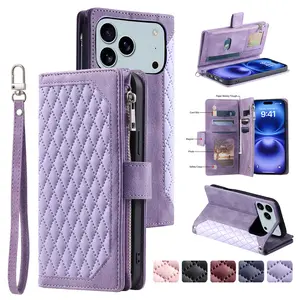 Wallet Case for iPhone 17 Pro Max 17 Air 16 15 14 13 Pro Max Leather Phone Case with Card Holder Kickstand & Wrist Strap Cover Magnetic Closure Flip Handbag Zipper Purse Shell for Women