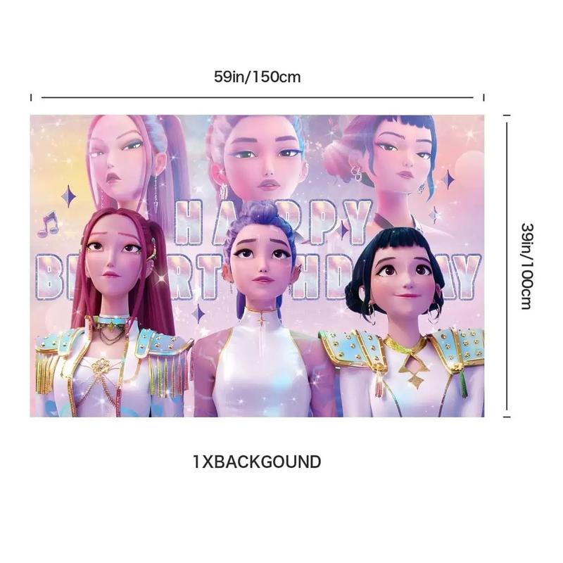 Kpop Birthday Party Decoration Set – Anime Demon Hunter Girls -Inspired Backdrop Banner, Balloons & Cake Toppers | Cool K-Pop Theme Party Supplies for Fans, Kids & Teens, Perfect Gift for K-pop Hunter Lovers