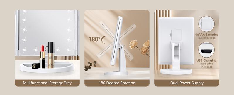 Hoodink Portable LED Light Makeup Mirror 3-fold Foldable Rechargeable Vanity Mirror with 2x 3x 10x Magnification, Touch Control Mirror for Travel Bedroom, Led Lighted Mirror